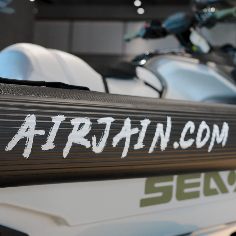 Close-up view of AirJain collar logo on Sea-Doo jet ski, highlighting the brand’s impact protection design and logo on the collar, providing durability and safety for water activities