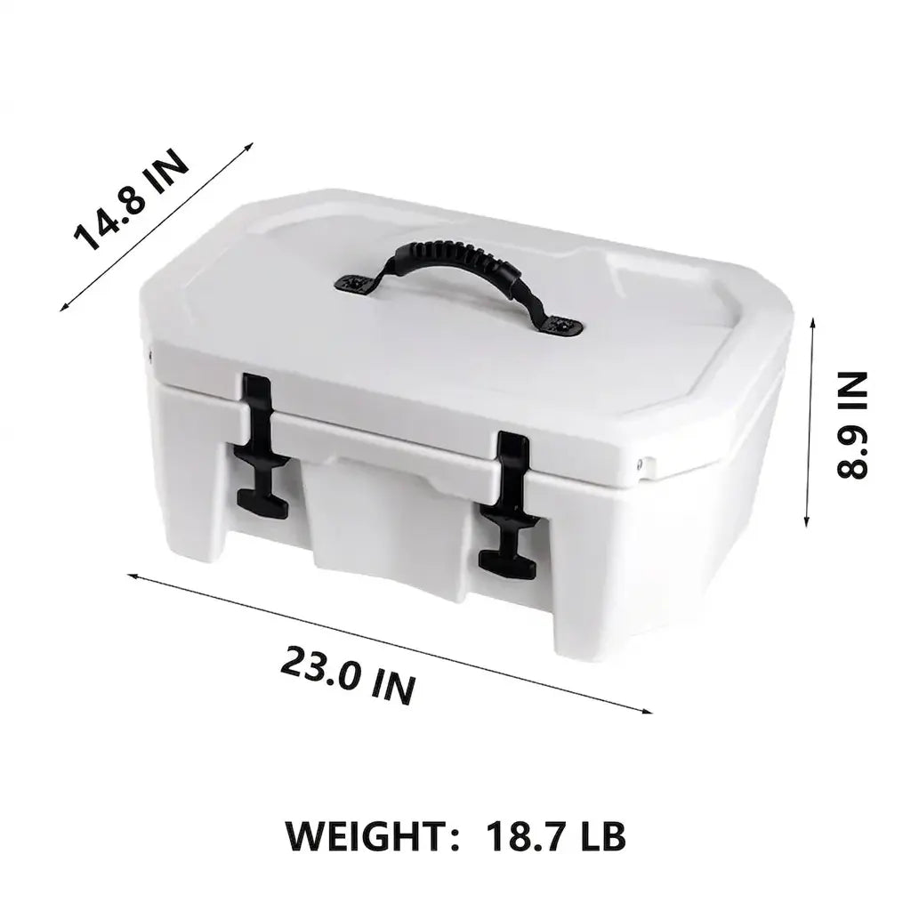 Dimension diagram for the jet ski cooler box showing 23.0" length, 14.8" width, 8.9" height, and 18.7 lbs weight.