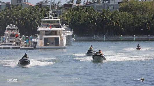 A fleet of Sea-Doo jet skis from Pangqing Fishing Club equipped with AirJain jet ski collars for an offshore expedition.