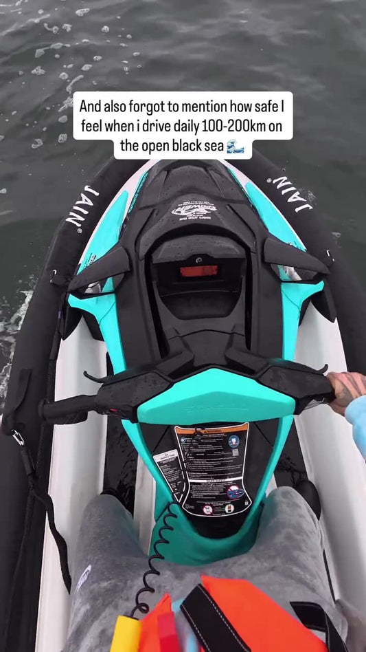 Jet Ski rider feeling extremely safe on open Black Sea with Airjain inflatable stabilizers during daily 100-200km long-distance rides