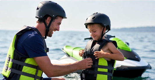 Smiling father helping his young son fasten a safety life jacket and helmet before a jet ski ride, ensuring proper gear fit.