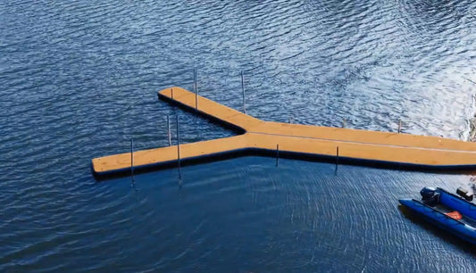 Yellow inflatable Y-dock for jet ski parking and shore access