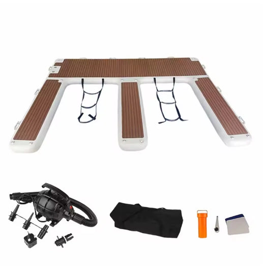 AirJain H-Shape Inflatable Platform - 470x300x20cm White PVC Frame with Brown Wood-Look Non-Slip Deck | Portable Floating Dock for Boating & Swimming | Shown with Size Label on Pure White Background