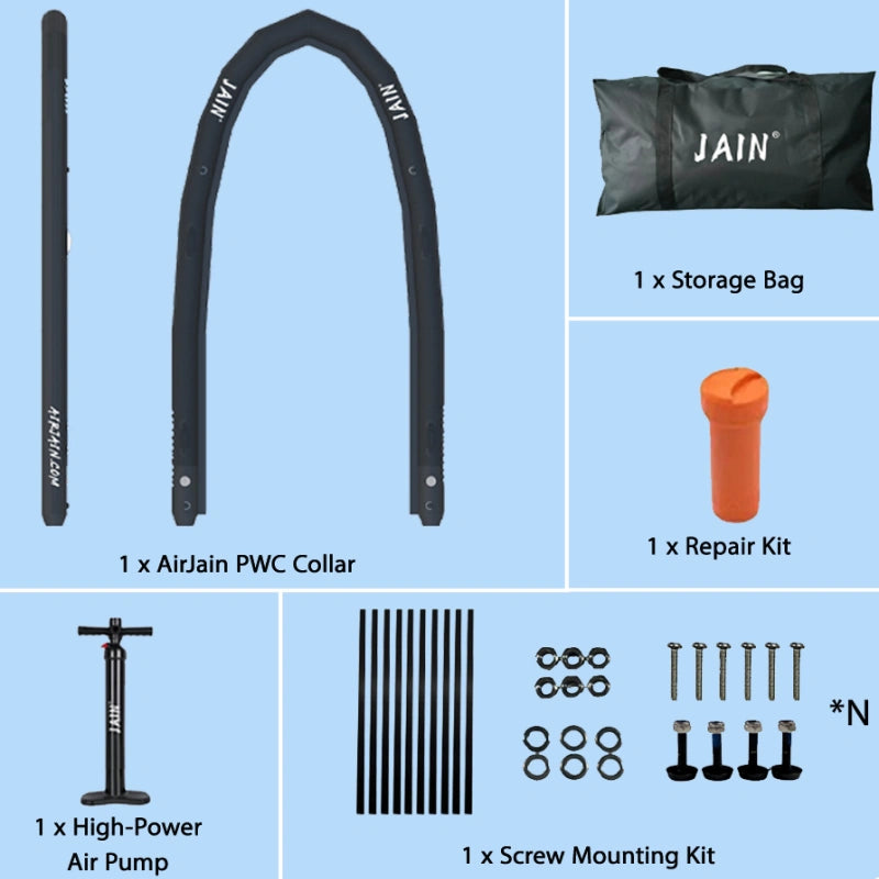 PWC collar hardware kit including bolts, nuts, wrench, valve, and repair patches