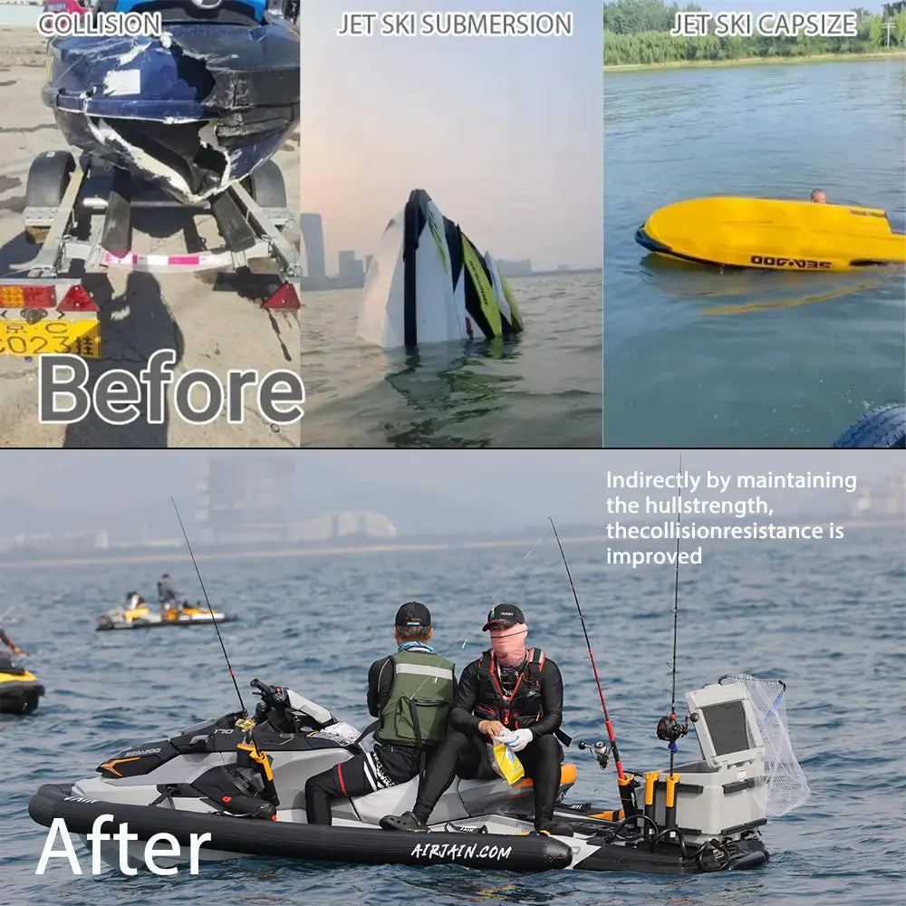 Before and after comparison showing hull damage on an unprotected jet ski versus a hull protected by an inflatable PWC collar