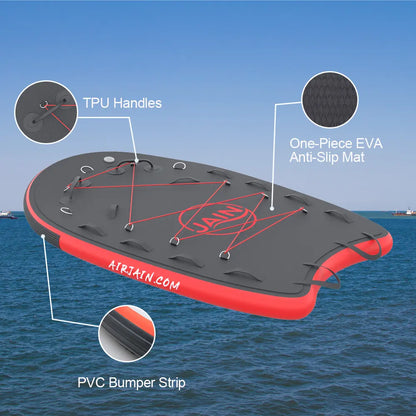 Airjain Pro water rescue board features including TPU handles, EVA anti-slip mat, and PVC bumper strip.
