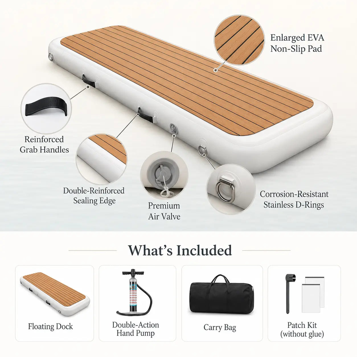 What is included with the inflatable yacht gangway: hand pump, storage carry bag, repair kit, and the floating dock.