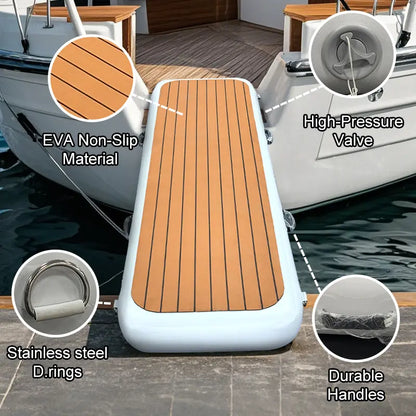 Close up features of the inflatable yacht gangway showing stainless steel D-rings, carrying handles, and EVA non-slip surface.