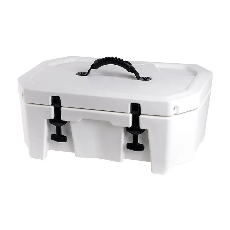 Heavy-duty white jet ski box cooler with black T-latches and ergonomic handle, front view.