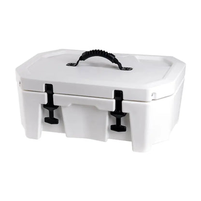 Heavy-duty white jet ski box cooler with black T-latches and ergonomic handle, front view.