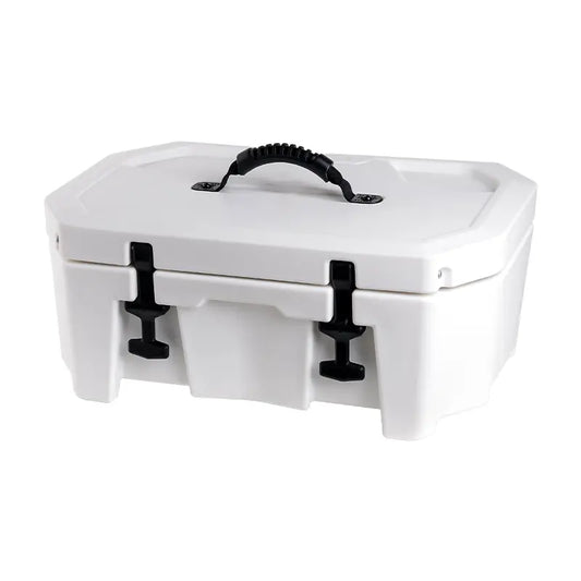 Heavy-duty white jet ski box cooler with black T-latches and ergonomic handle, front view.