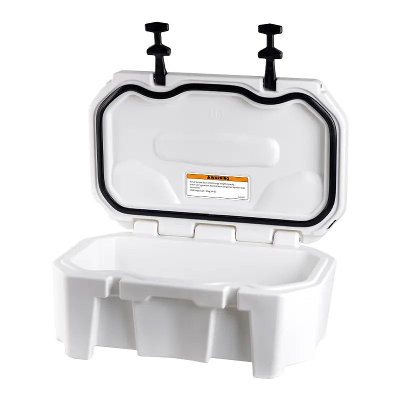 Open jet ski cooler box showing internal storage space and waterproof rubber gasket seal.