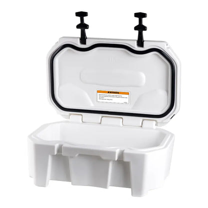 Open jet ski cooler box showing internal storage space and waterproof rubber gasket seal.