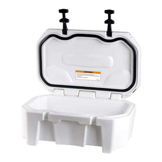 Open jet ski cooler box showing internal storage space and waterproof rubber gasket seal.