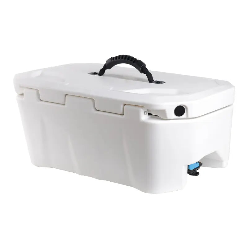Side view of marine grade PWC cooler featuring heavy-duty hinges and an integrated blue drain plug