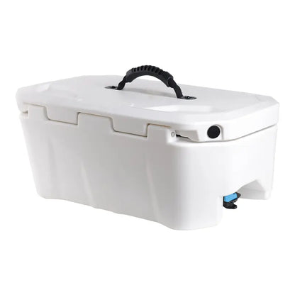 Side view of marine grade PWC cooler featuring heavy-duty hinges and an integrated blue drain plug