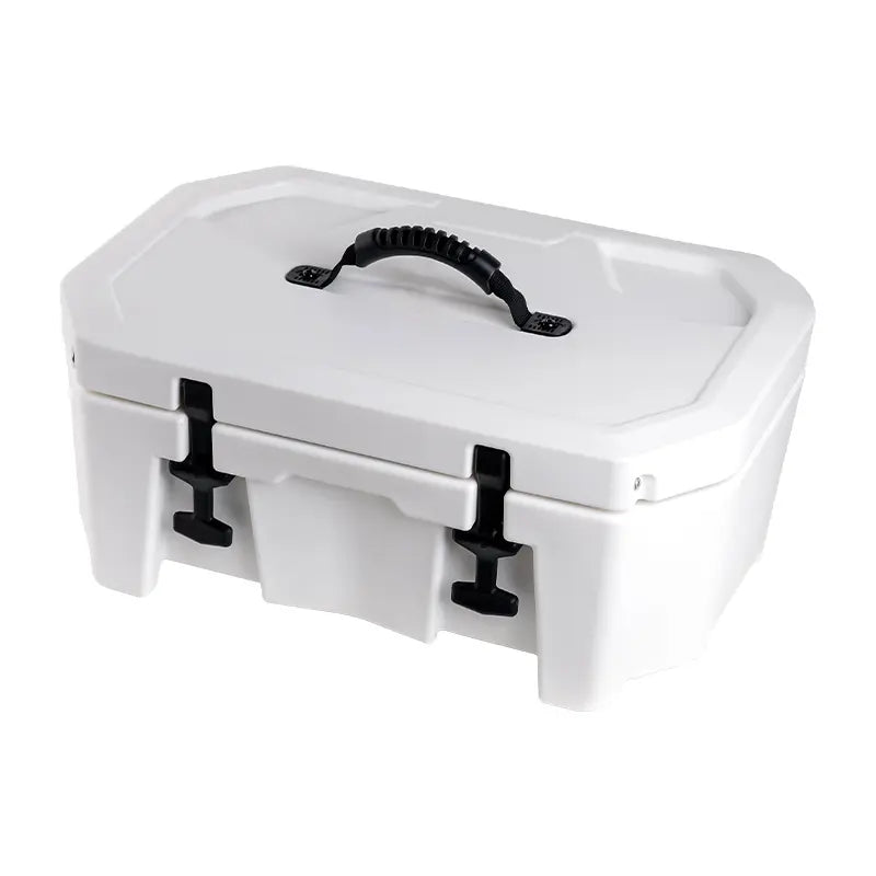 Front perspective view of a white rotomolded jet ski cooler box with black heavy-duty latches and top handle