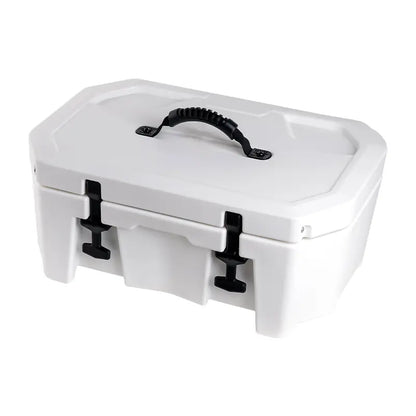 Front perspective view of a white rotomolded jet ski cooler box with black heavy-duty latches and top handle