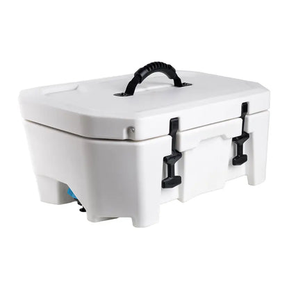 Rear side view of the PWC marine cooler showing durable hinges and a quick-drain blue plug