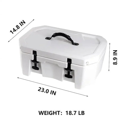 Dimension diagram for the jet ski cooler box showing 23.0" length, 14.8" width, 8.9" height, and 18.7 lbs weight.
