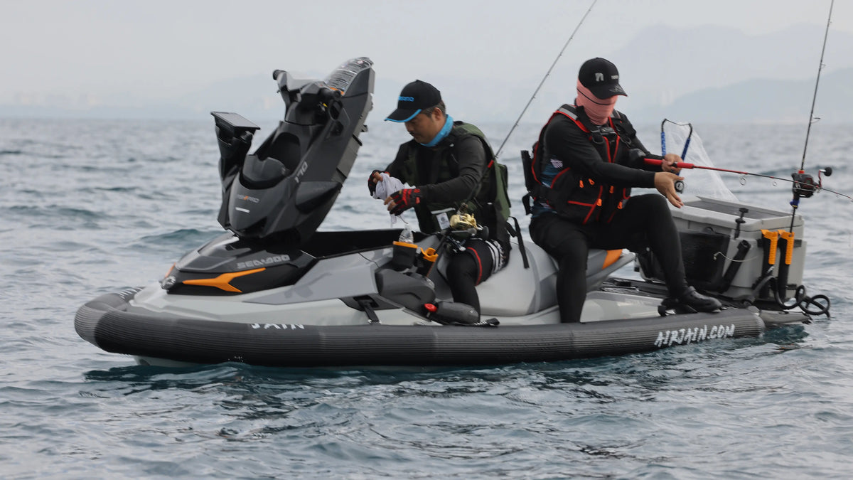 Side profile of a Sea-Doo 170 outfitted with a professional Airjain jet ski collar and fishing accessories, highlighting the Airjain.com branding for PWC enthusiasts.