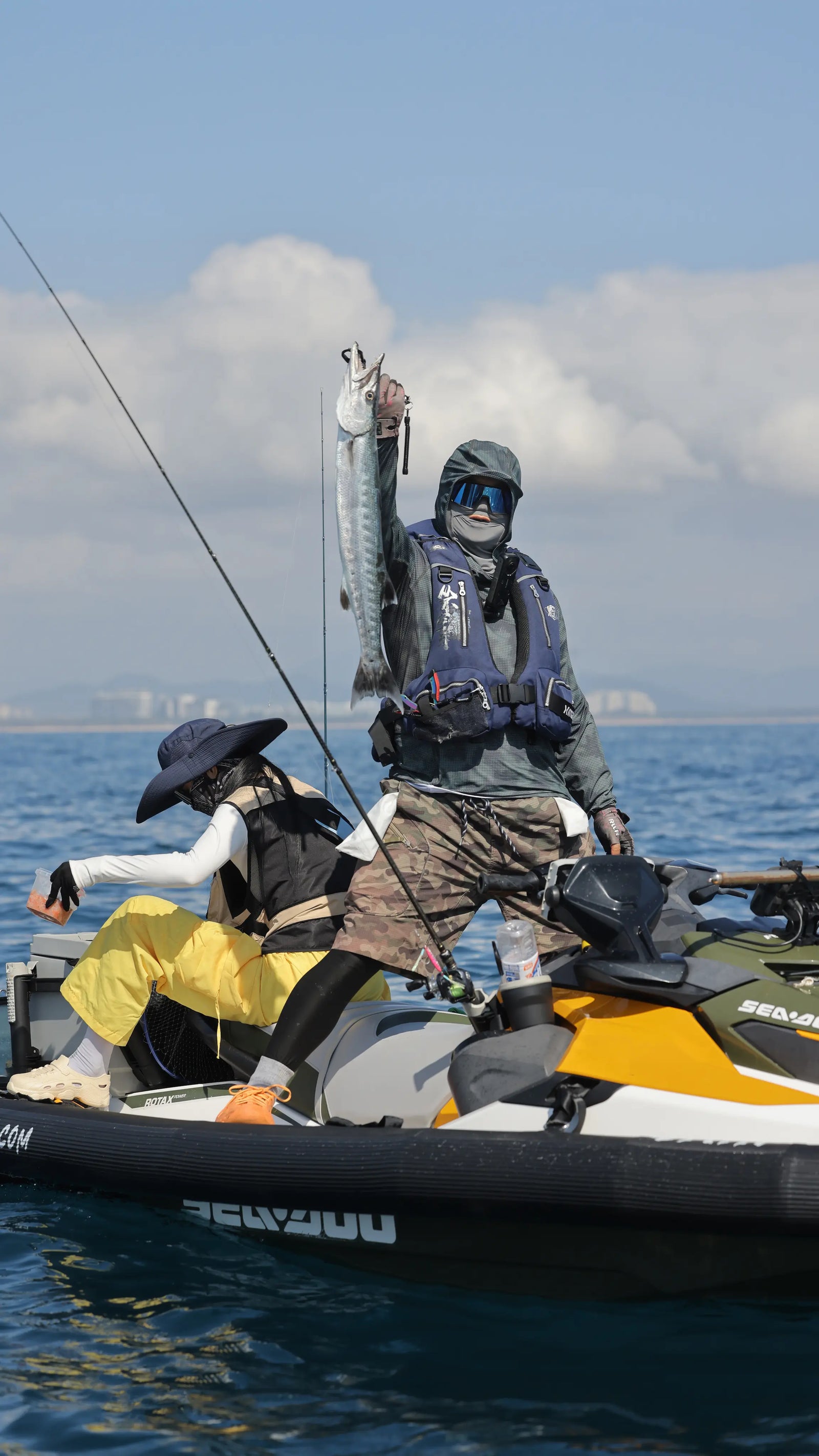 Custom jet ski fishing rig featuring the Airjain jet ski collar, providing extra buoyancy and deck space for multiple fishers and gear.